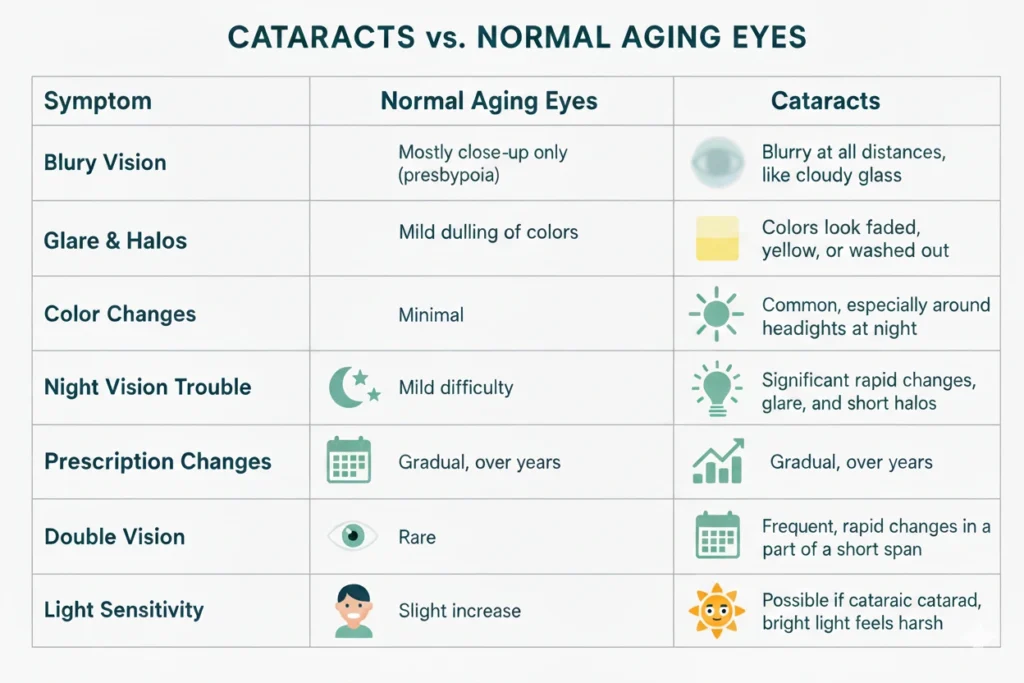 Infographic showing cataracts vs normal aging eyes with symptoms